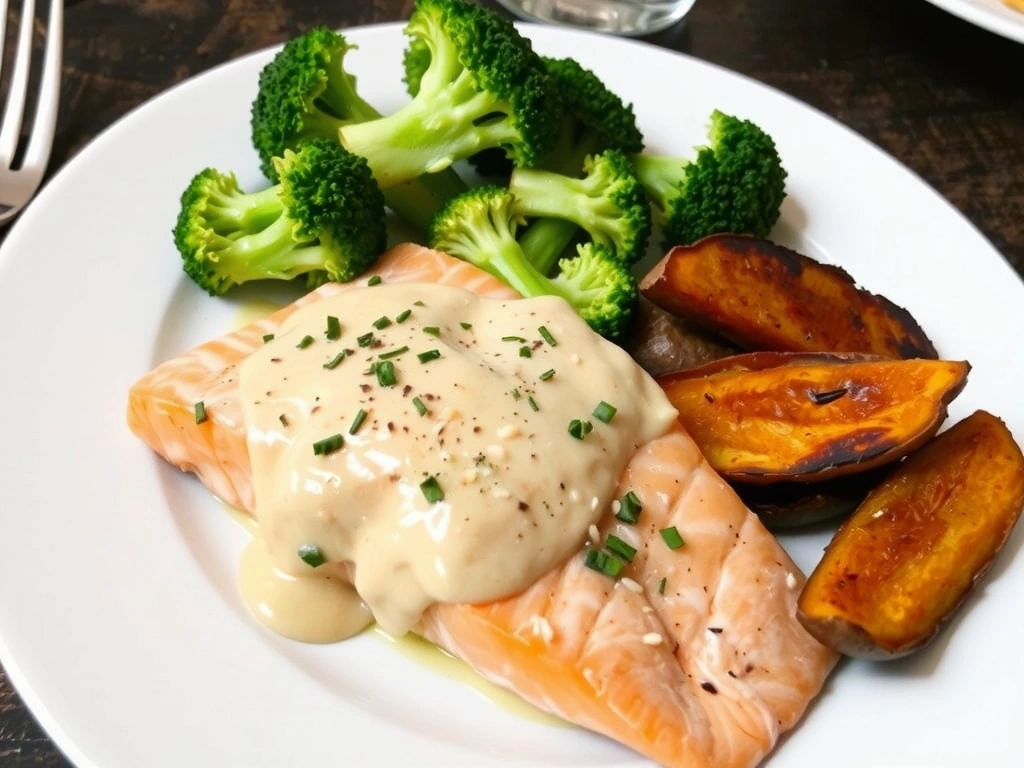 Pieczony łosoś z brokułami i słodkimi ziemniakami