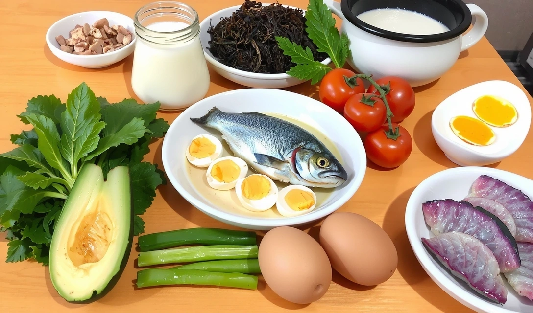 Ilustracja zbilansowanej diety z produktami bogatymi w jod