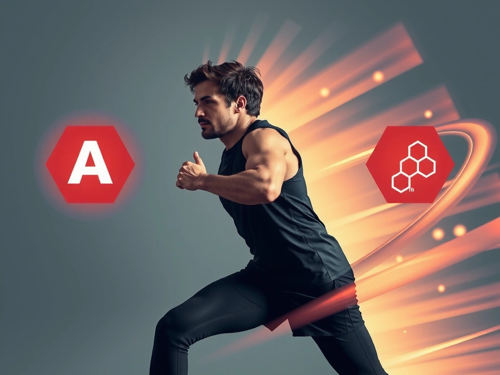 Sportowiec w ruchu, otoczony subtelnymi symbolami antyoksydantów i energii, ilustrującymi wsparcie selenu dla aktywności fizycznej.