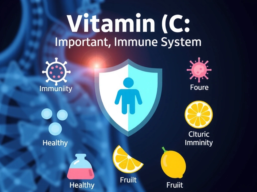 Infografika przedstawiająca znaczenie witaminy C dla układu odpornościowego, z centralnym obrazem tarczy obronnej otoczonej symbolami zdrowych komórek i owoców cytrusowych.