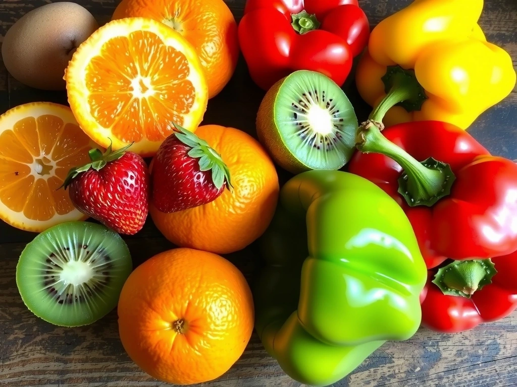 Różnorodne owoce i warzywa bogate w witaminę C, takie jak pomarańcze, truskawki, kiwi i papryka, ułożone artystycznie na drewnianym stole w naturalnym świetle.
