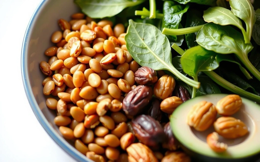 Talerz pełen różnorodnych roślinnych posiłków, takich jak soczewica, szpinak i orzechy, symbolizujący dietę wegetariańską.